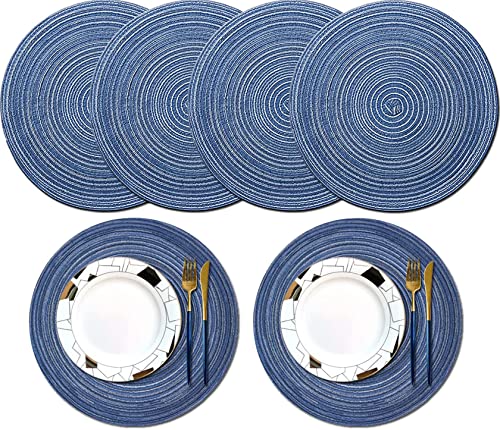 6 Stück Rund Gewebte Tischsets, 38cm Platzset Abwaschbar Aus Baumwolle, Hitzebeständig für Party, Hochzeit, Küche, Restaurant (Blau) von AMZMUKAUP