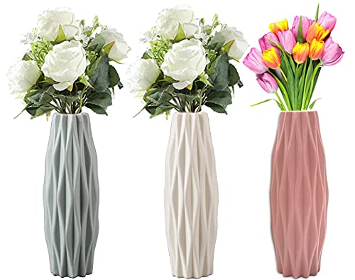 Kunststoff Vasen, 3 Stück Elegantes Design Vase Desktop Moderne Dekorative Ornament Kunststoff Vase Für Innen Schlafzimmer Wohnzimmer Balkon Tischdeko Hochzeit Küche Office(3 Farben, 21 * 5.5cm) von AMZMUKAUP