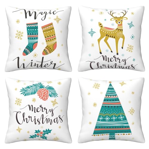 AMZQJD 4 Stück Kissenbezug Weihnachten Dekokissen Kissenbezüge Sofakissen Dekorativ Kissenhülle Bezug Weich für Wohnzimmer Schlafzimmer (Weihnachten weiß, 50 x 50 cm) von AMZQJD