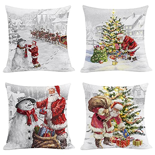 AMZQJD 4 Stück Kissenbezug Weihnachten Weihnachtselementstile Muster Dekorative Kissenhülle Baumwolle Leinen Sie Kissenbezüge (50 x 50 cm, Weiß Weihnachten) von AMZQJD