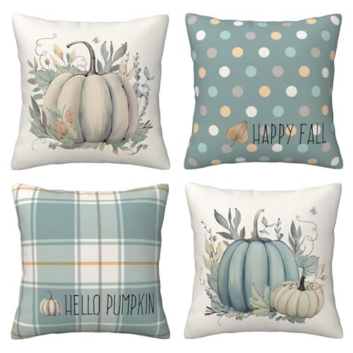 AMZQJD Kissenbezug Herbst 4er Set Kürbis Ahornblätter Deko Leinen Kissenbezüge Sofakissen Kissenhülle Bezug Weich für Wohnzimmer Schlafzimmer (Stil B, 40 x 40 cm) von AMZQJD
