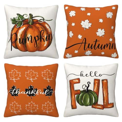 AMZQJD Kissenbezug Herbst 4er Set Kürbis Ahornblätter Deko Leinen Kissenbezüge Sofakissen Kissenhülle Bezug Weich für Wohnzimmer Schlafzimmer (Stil E, 40 x 40 cm) von AMZQJD