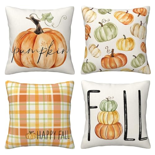 AMZQJD Kissenbezug Herbst 4er Set Kürbis Ahornblätter Deko Leinen Kissenbezüge Sofakissen Kissenhülle Bezug Weich für Wohnzimmer Schlafzimmer (Stil F, 50 x 50 cm) von AMZQJD