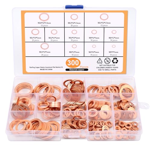 AMZSKU 300 Stück Unterlegscheiben, Kupfer Flach Dichtungsringe Set, Kupferdichtringe Sortiment Für Schrauben(M5 M6 M8 M10 M12 M14 M16 M20) von AMZSKU