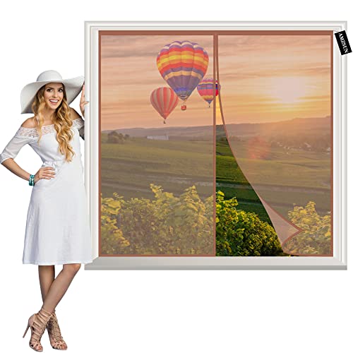 Fliegengitter Fenster Magnet Braun 100x115cm Insektenschutz Vorhang Fenster Moskitoschutz Fliegenvorhang Ohne Bohren Kinderleichte Klebemontage von AMZSUN