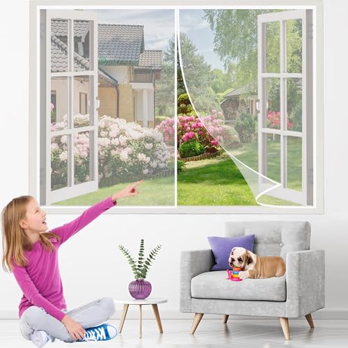 Magnet Fliegengitter Fenster 115x140cm Weiß verstärkt Magnetischer Fliegenvorhang Insektenschutz Einfache Montage Ohne Bohren für Balkontür Wohnzimmer Terrassentür von AMZSUN