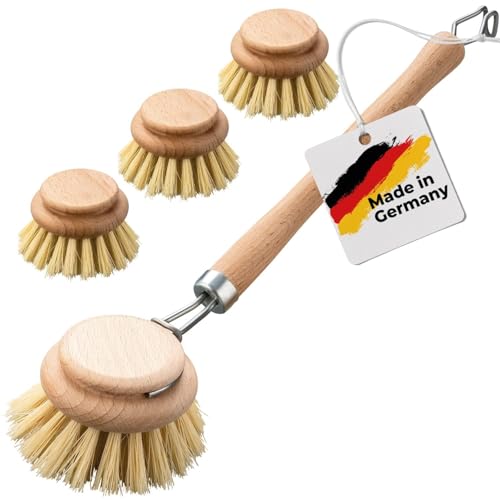 FEINHOLZ Spülbürste Holz mit Wechselkopf im 4er Set mit Naturborsten • Made in Germany • nachhaltige Spülbürsten Holz mit 3 x Ersatzkopf • Abwaschbürste, Geschirrbürste, Küchenbürste, Bürste Küche von FEINHOLZ