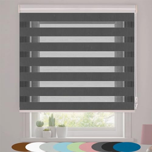 Doppelrollo Klemmfix 70 x 250 cm Blickdicht Sichtschutz Sonnenschutz Zebrarollo Fensterrollo Einfache Montage für Fenster & Türen, Dunkelgrau von AMZYU