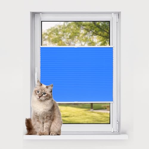 Faltrollo Ohne Bohren 50 x 130 cm Sonnenschutz Blickdicht Plissee Rollo Ohne Bohren Bequeme Montage Inkl. Aller Montage-Teile für Fenster & Tür, Blau von AMZYU