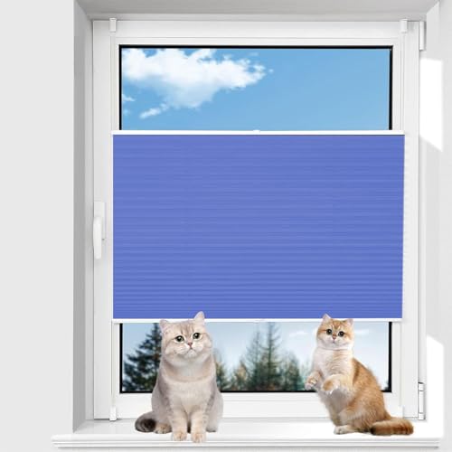 Jalousien Fenster Ohne Bohren 90 x 120 cm Blickdicht Sichtschutz Sonnenschutz Thermo Plisseerollo Klemmfix inkl. Befestigungsmaterial für Fenster & Türen, Blau von AMZYU