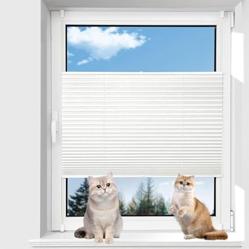 Klemmfix Plissee Ohne Bohren 80 x 190 cm Sichtschutz und Sonnenschutz Plissee Rollo Ohne Bohren leicht zu montieren mit Klemmträger für Fenster und Tür, Weiß von AMZYU