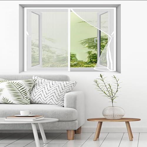 Magnet Fliegengitter Balkontür 92 x 127 cm Ohne Bohren Fliegenvorhang Terrassentür Luft Kann Frei Strömen Nicht Kürzbar mit Selbstklebendes Klettband, Weiß von AMZYU