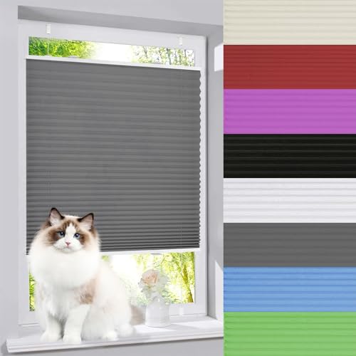 Plissee Faltrollo 50 x 140 cm Verdunkelnd & lichtundurchlässig Faltrollo Plisseerollo Jalousie leicht zu montieren mit Klemmträger für Fenster & Türen, Grau von AMZYU
