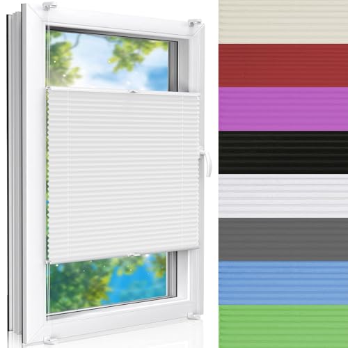 Plissee Faltrollo 90 x 90 cm lichtdurchlässig Rollo Sonnenschutz Blickdicht inkl. Befestigungsmaterial für Fenster & Türen, Weiß von AMZYU