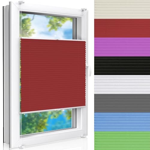 Plissee Rollos für Fenster Ohne Bohren 105 x 120 cm Plissee Rollo Ohne Bohren Sichtschutz und Sonnenschutz leicht zu montieren mit Klemmträger für Fenster & Balkontür, Rot von AMZYU