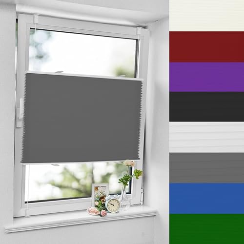 Plissee Rollos für Fenster Ohne Bohren 55 x 60 cm Einstellbarer Plissee Rollo Ohne Bohren Einfache Montage mit Klemmträger für Fenster & Tür, Grau von AMZYU