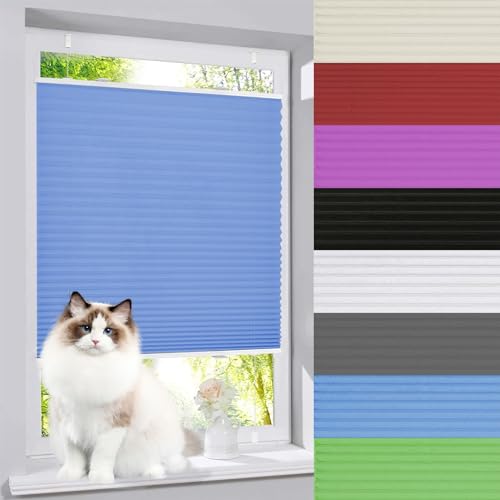 Plissee ohne Bohren 60 x 120 cm Einstellbarer Thermo Plisseerollo Klemmfix Einfache Montage, Pflegeleicht für Fenster & Türen, Blau von AMZYU