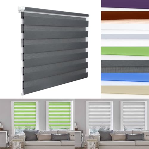 Verdunkelungsrollo Klemmfix 35 x 70 cm Sonnenschutz Blickdicht Tag & Nacht Doppelrollo Einfache Montage mit Klemmträger für Fenster & Balkontür, Dunkelgrau von AMZYU