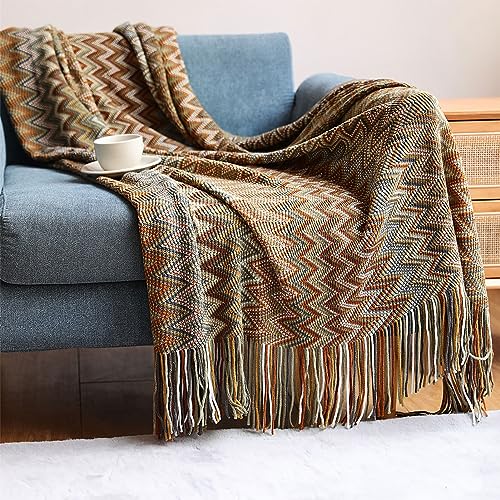 AMZZHAO Weich Boho Decke Kuscheldecke Strick,Sofaüberwürfe Sesseldecke Wohndecke Bettwurf,Quasten Jacquard,dekorativ für Zuhause,Büro,Reisen,Zelten,127×180 cm/50×70,87 Zoll (einschließlich Quaste) von AMZZHAO