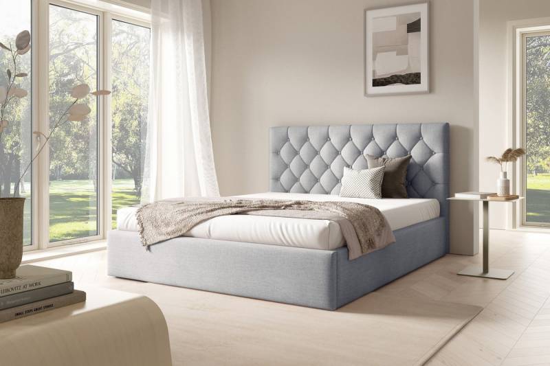 AN-MOEBEL4U Polsterbett BEZA IV–Doppelbett, Bettkasten, gepolstertes Kopfteil, ohne Matratze (mit Holzlattenrost), stabile Konstruktion, integrierter Federmechanismus, ohne Matratze von AN-MOEBEL4U