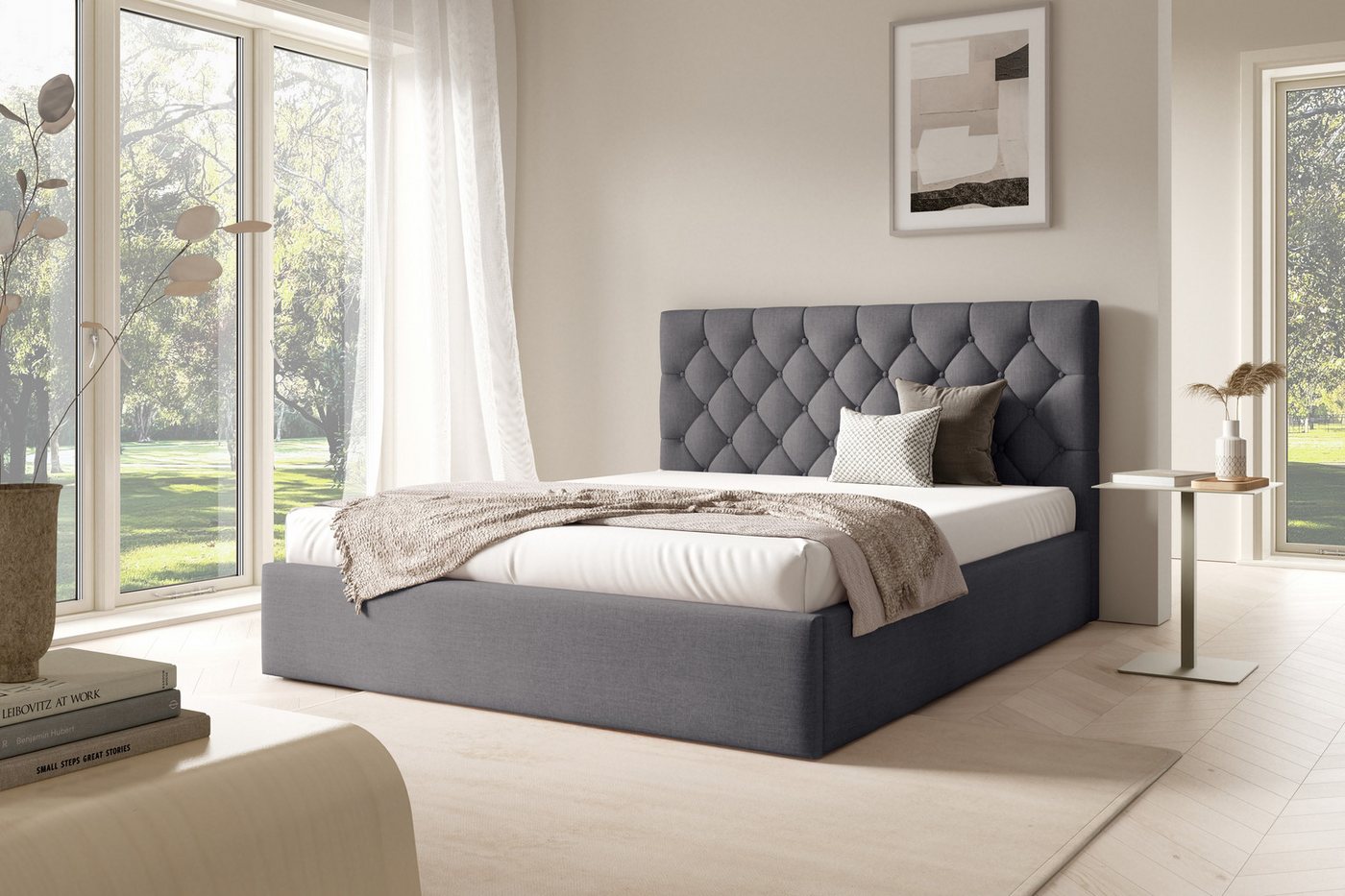 AN-MOEBEL4U Polsterbett BEZA IV–Doppelbett, Bettkasten, gepolstertes Kopfteil, ohne Matratze (mit Holzlattenrost), stabile Konstruktion, integrierter Federmechanismus, ohne Matratze von AN-MOEBEL4U