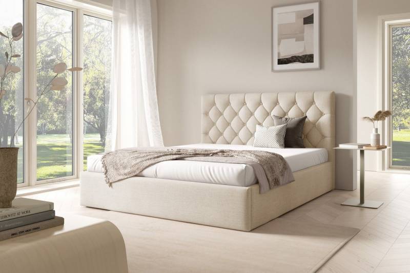 AN-MOEBEL4U Polsterbett BEZA IV–Doppelbett, Bettkasten, gepolstertes Kopfteil, ohne Matratze (mit Holzlattenrost), stabile Konstruktion, integrierter Federmechanismus, ohne Matratze von AN-MOEBEL4U