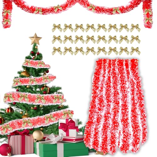 Tannengirlande 10m + 24pcs Weihnachtsschleifen Gold, Girlande Weihnachten, Weihnachtsgirlande, Weihnachten Girlande, Lametta Girlande, Lametta Weihnachtsbaum, Tannengirlande Künstlich, Girlande Tanne von AN-WATTY