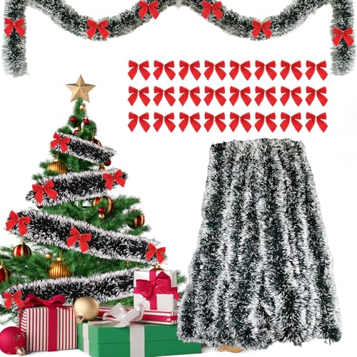 Tannengirlande 10m + 24pcs Weihnachtsschleifen Rot, Girlande Weihnachten, Weihnachtsgirlande, Weihnachten Girlande, Lametta Girlande, Lametta Weihnachtsbaum, Tannengirlande Künstlich, Girlande Tanne von AN-WATTY