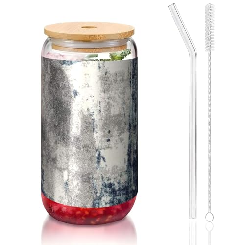 ANABPRMA Abstrakter blauer Glasbecher mit Bambusdeckel und Strohhalm, 473 ml, bedruckte Tasse für Eiskaffee, Tee, Saft von ANABPRMA