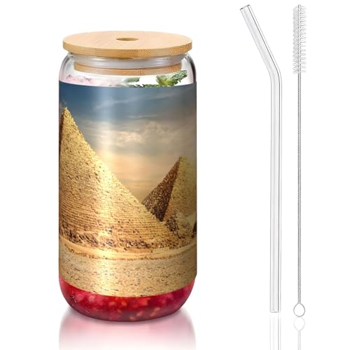 ANABPRMA Becher, ägyptische Pyramide in Wüstenglas, mit Bambusdeckel und Strohhalm, 473 ml, bedruckte Tasse für Eiskaffee, Tee, Saft von ANABPRMA