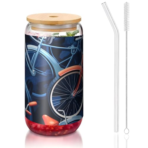 ANABPRMA Bikes Fahrradglas mit Bambusdeckel und Strohhalm, 473 ml, bedruckte Tasse für Eiskaffee, Tee, Saft von ANABPRMA