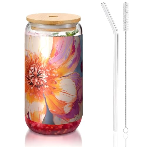 ANABPRMA Bright Flowers Glasbecher mit Bambusdeckel und Strohhalm, 473 ml, bedruckte Tasse für Eiskaffee, Tee, Saft von ANABPRMA