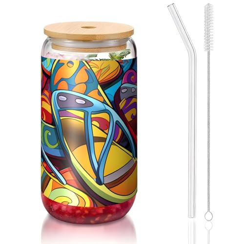 ANABPRMA Bunte Flip-Flops Glasbecher mit Bambusdeckel und Strohhalm, 473 ml, bedruckte Tasse für Eiskaffee, Tee, Saft von ANABPRMA