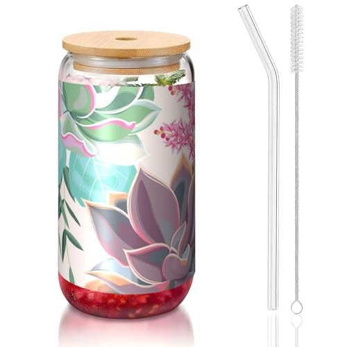 ANABPRMA Buntes Sukkulenten-Glas mit Bambusdeckel und Strohhalm, 473 ml, bedruckte Tasse für Eiskaffee, Tee, Saft von ANABPRMA