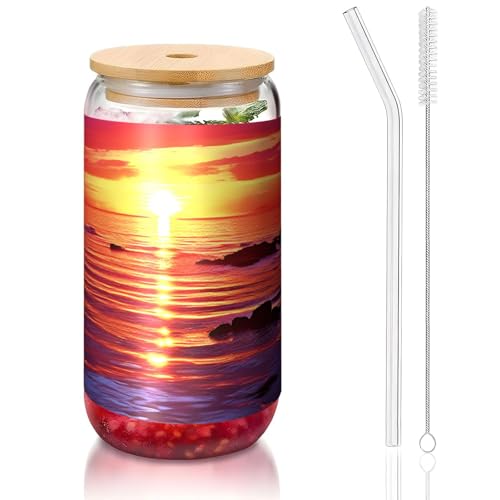 ANABPRMA Calm Sea Sunset Glasbecher mit Bambusdeckel und Strohhalm, 473 ml, bedruckte Tasse für Eiskaffee, Tee, Saft von ANABPRMA