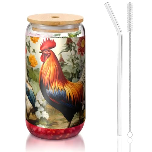 ANABPRMA Chickens and Farm Glasbecher mit Bambusdeckel und Strohhalm, 473 ml, bedruckte Tasse für Eiskaffee, Tee, Saft von ANABPRMA
