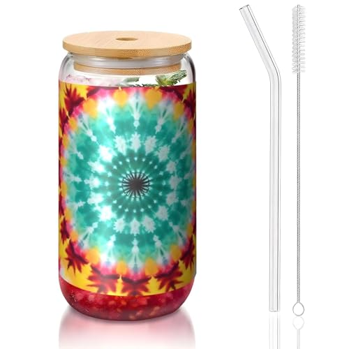 ANABPRMA Einzigartiger Batik-Kunst-Glasbecher mit Bambusdeckel und Strohhalm, 473 ml, bedruckte Tasse für Eiskaffee, Tee, Saft von ANABPRMA