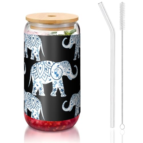ANABPRMA Elephant Glasbecher mit Bambusdeckel und Strohhalm, 473 ml, bedruckte Tasse für Eiskaffee, Tee, Saft von ANABPRMA