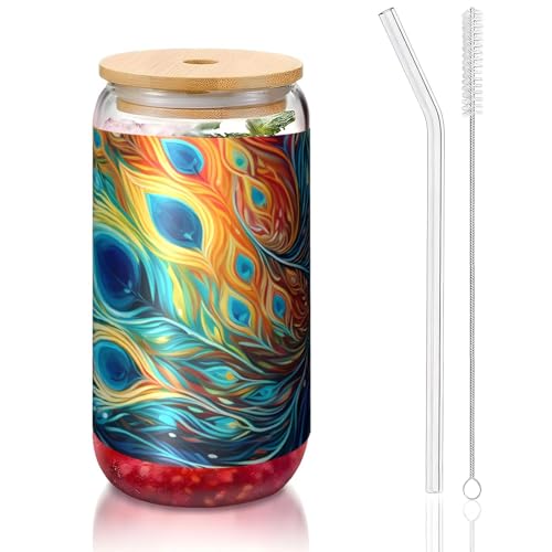 ANABPRMA Farbiger Pfauen-Glasbecher mit Bambusdeckel und Strohhalm, 473 ml, bedruckte Tasse für Eiskaffee, Tee, Saft von ANABPRMA