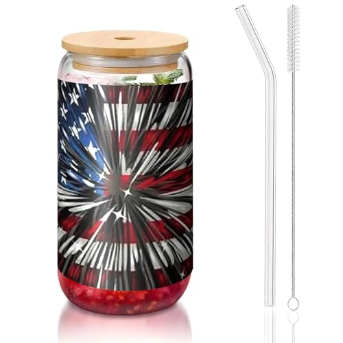 ANABPRMA Feuerwerksglas mit amerikanischer Flagge, Bambusdeckel und Strohhalm, 473 ml, bedruckte Tasse für Eiskaffee, Tee, Saft von ANABPRMA