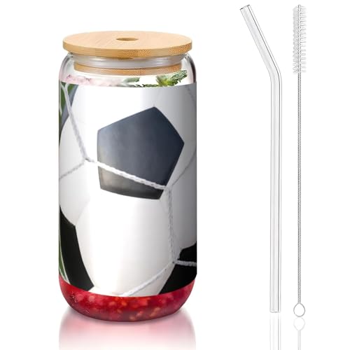 ANABPRMA Fußball-Glasbecher mit Bambusdeckel und Strohhalm, 473 ml, bedruckte Tasse für Eiskaffee, Tee, Saft von ANABPRMA