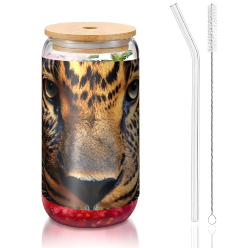 ANABPRMA Glasbecher mit Bambusdeckel und Strohhalm, 473 ml, bedruckt mit Leopardenmuster, für Eiskaffee, Tee, Saft, Schwarz und Braun von ANABPRMA