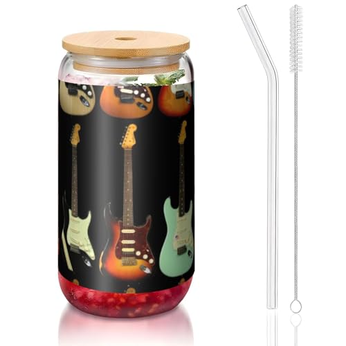 ANABPRMA Glasbecher mit Bambusdeckel und Strohhalm, 473 ml, bedruckte Tasse für Eiskaffee, Tee, Saft von ANABPRMA