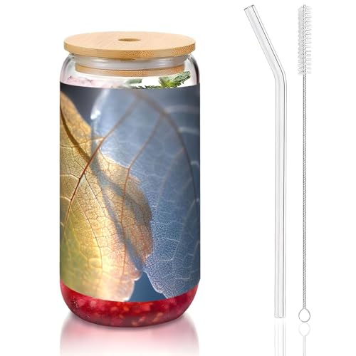 ANABPRMA Glasbecher mit Bambusdeckel und Strohhalm, durchscheinende Blätter, 473 ml, bedruckte Tasse für Eiskaffee, Tee, Saft von ANABPRMA