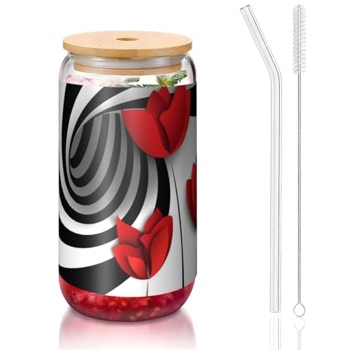 ANABPRMA Glasbecher mit roter Blume und Bambusdeckel und Strohhalm, 473 ml, bedruckte Tasse für Eiskaffee, Tee, Saft von ANABPRMA