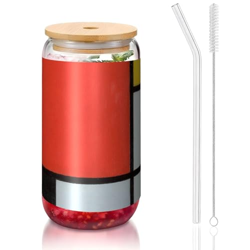 ANABPRMA Komposition in Rot, Gelb, Blau und Schwarz, Glasbecher mit Bambusdeckel und Strohhalm, 473 ml, bedruckte Tasse für Eiskaffee, Tee, Saft von ANABPRMA