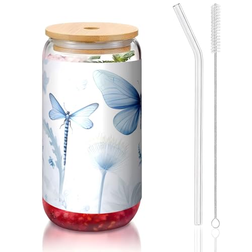 ANABPRMA Libellen-Glasbecher mit Bambusdeckel und Strohhalm, 473 ml, bedruckte Tasse für Eiskaffee, Tee, Saft von ANABPRMA