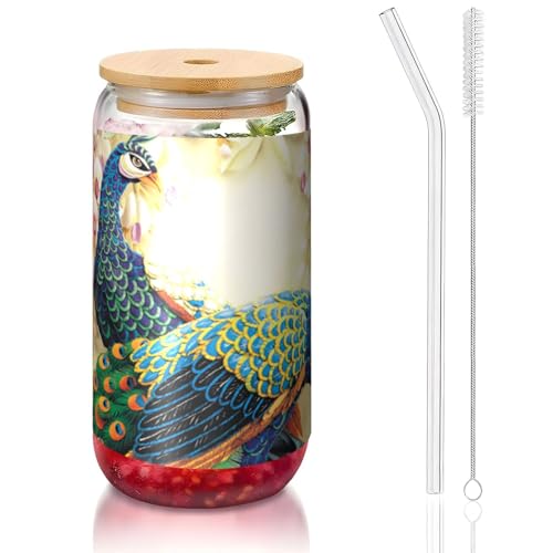 ANABPRMA Orientalischer Pfau auf Blumenbaum, Glasbecher mit Bambusdeckel und Strohhalm, 473 ml, bedruckte Tasse für Eiskaffee, Tee, Saft von ANABPRMA