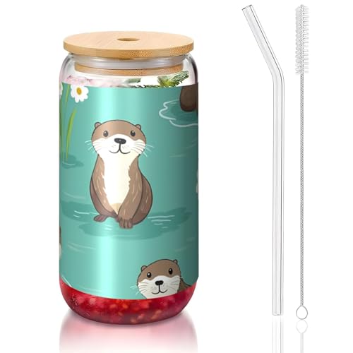 ANABPRMA Otters Glasbecher mit Bambusdeckel und Strohhalm, 473 ml, bedruckte Tasse für Eiskaffee, Tee, Saft von ANABPRMA