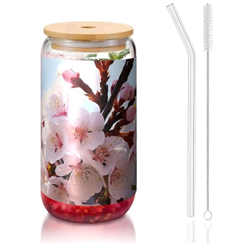 ANABPRMA Pfirsichblüten-Glasbecher mit Bambusdeckel und Strohhalm, 473 ml, bedruckte Tasse für Eiskaffee, Tee, Saft von ANABPRMA